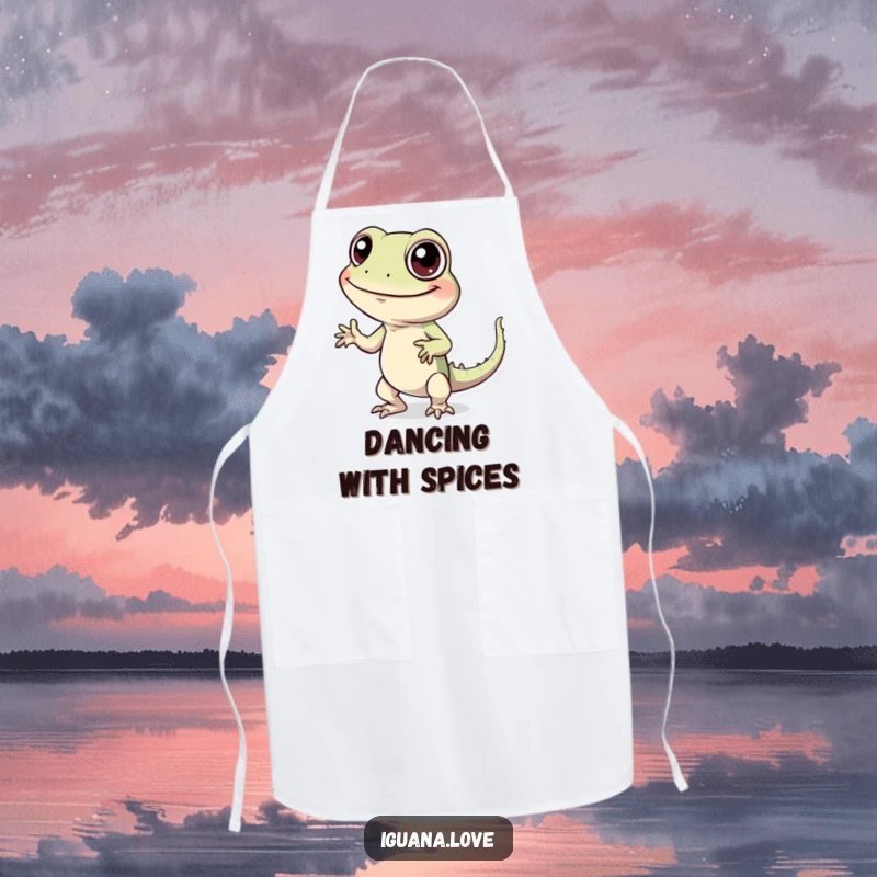 Funny apron designed with a cheerful iguana character performing a comical silly dance, adding humor to the kitchen.