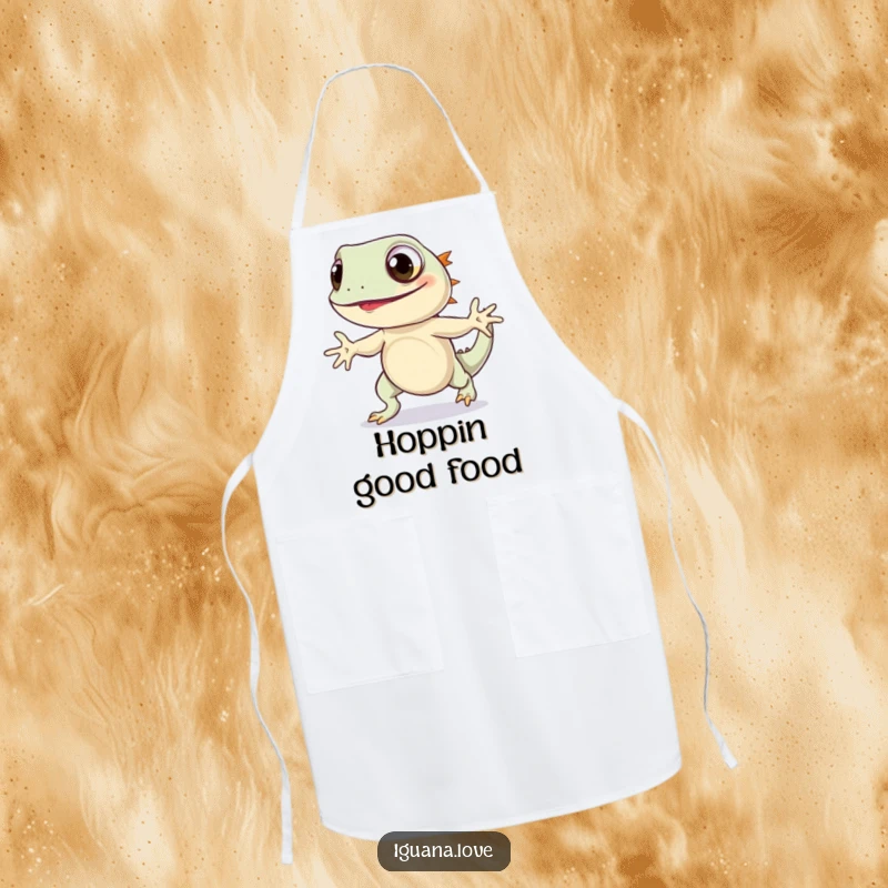 Funny Iguana Hop Apron displays a wide-eyed iguana doing a joyful hop, perfect for adding a humorous and cheerful touch to cooking.