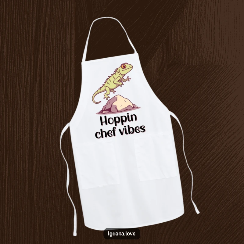 Funny Iguana Silhouette Apron features a playful iguana leaping over a rock, perfect for adding humor and style to kitchen activities.