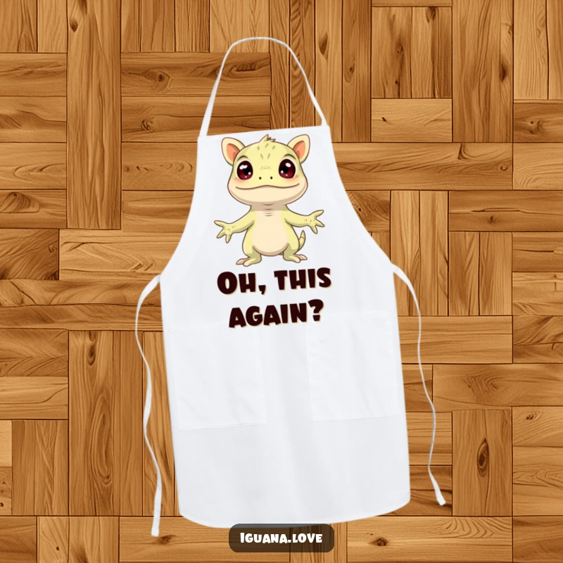Funny Surprised Iguana Apron, arms wide in humorous surprise, a practical and funny accessory for cooking.
