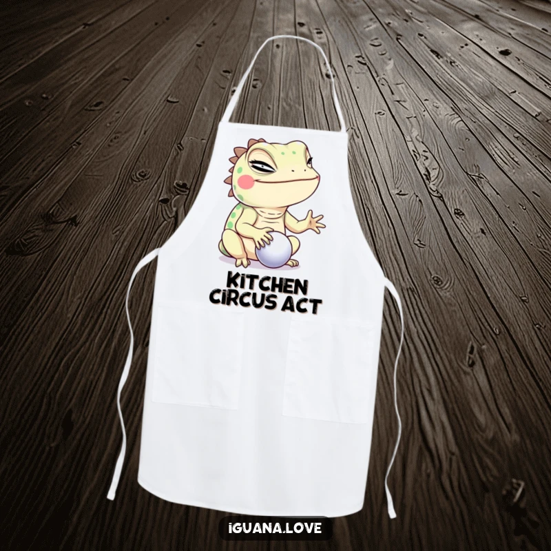 Funny Winking Iguana Apron, balancing a ball with a wink, a humorous and practical accessory for kitchen fun.
