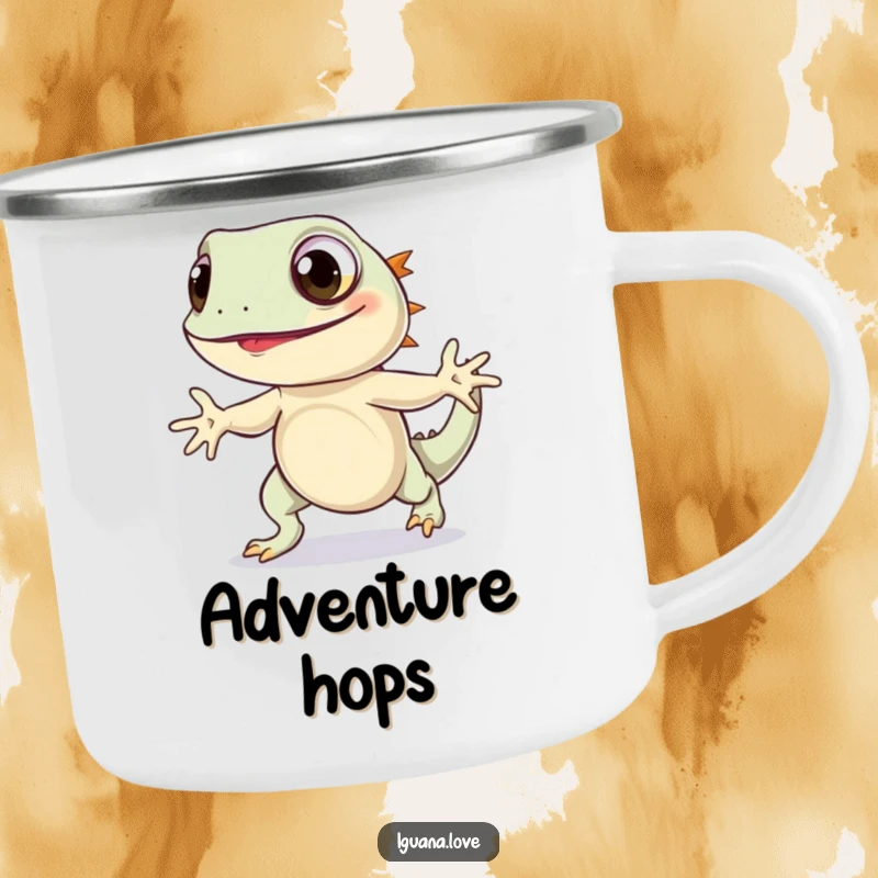 Funny Iguana Hop Camping Mug shows a wide-eyed iguana doing a joyful hop, designed for outdoor adventures and adding cheer to your travels.