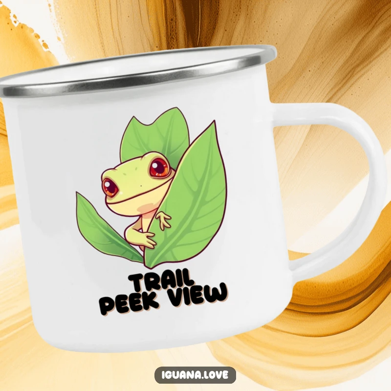 Funny camping mug with a stylized iguana character peeking curiously from behind a vibrant leaf, perfect for outdoor humor.