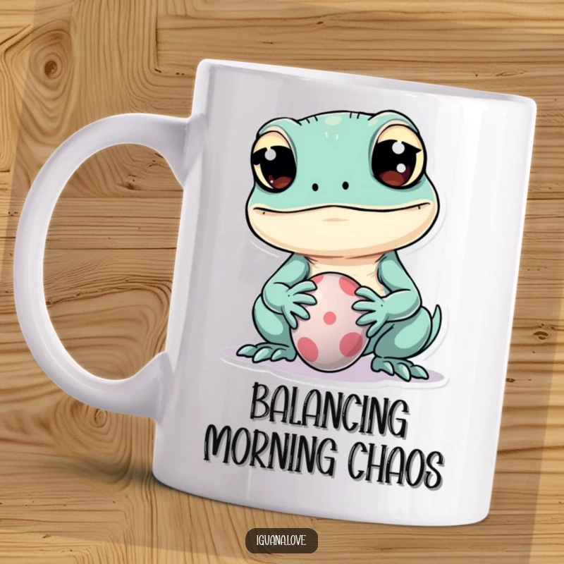 Funny mug featuring a kawaii iguana with wide eyes playfully balancing a tiny ball on its snout, showcasing adorable concentration.