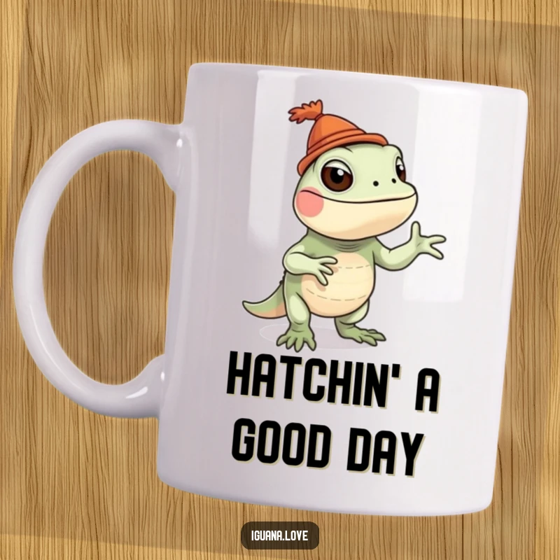 Funny iguana character mug featuring a playful iguana wearing a tiny hat and doing a silly, energetic dance.