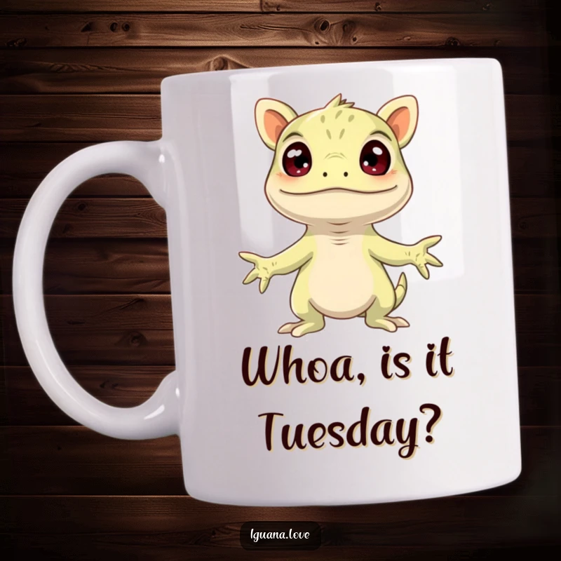 Funny Surprised Iguana Mug, arms wide open in comical shock, expressing utter disbelief and humor for reptile fans.