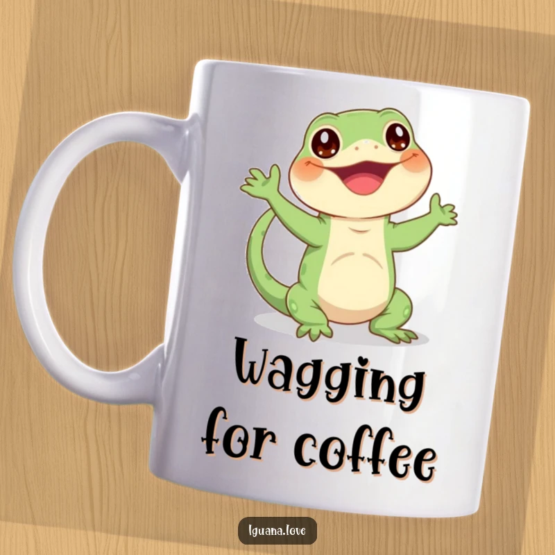 Funny mug with a happy iguana character joyfully waving its tail with great enthusiasm and a big smile.
