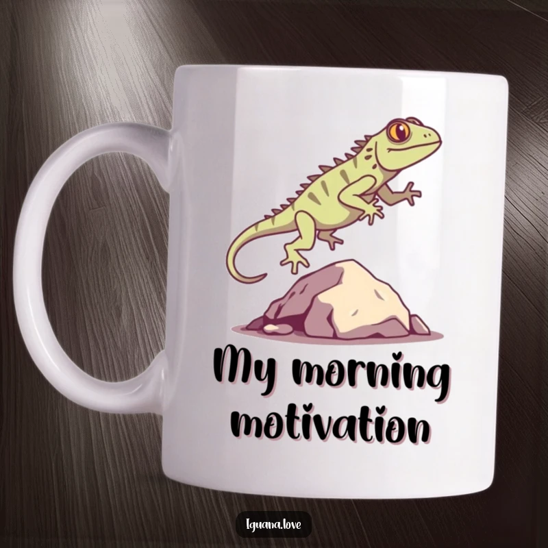 Funny Iguana Silhouette Mug shows a happy iguana mid-leap over a small rock, conveying playful energy and outdoor adventure.