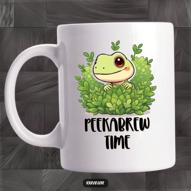 Funny mug featuring a playful iguana character cautiously peeking out from behind a green leafy bush, adding humor.
