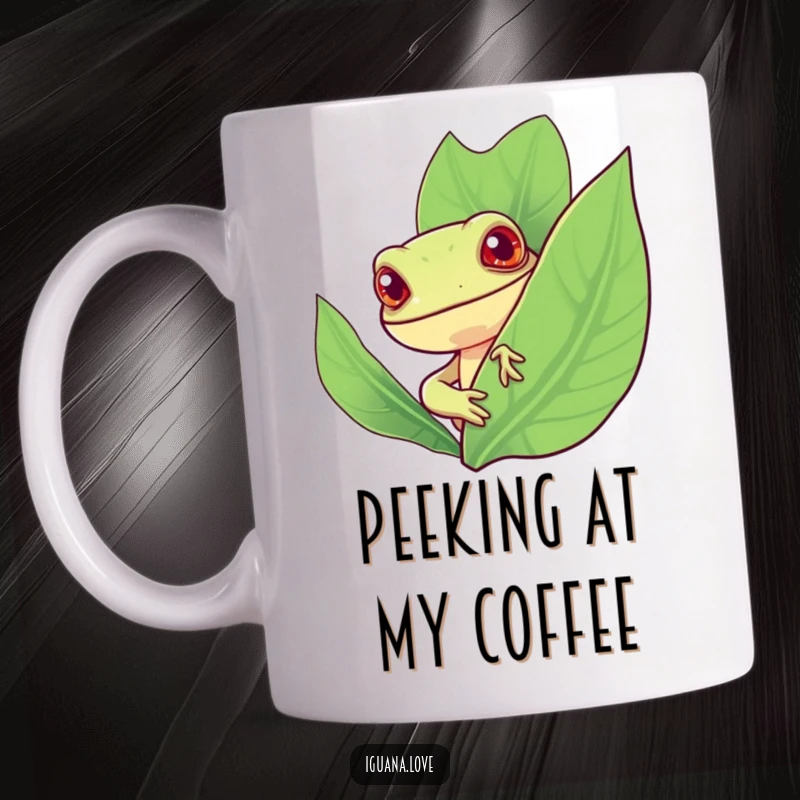 Funny mug featuring a stylized iguana with a cheerful expression curiously peeking from behind a large, vibrant leaf, adding intrigue.