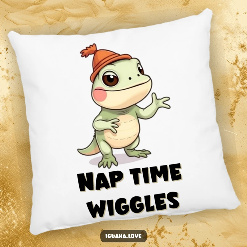 Funny iguana pillow featuring a silly dancing iguana wearing a tiny hat, offering comfort and quirkiness.