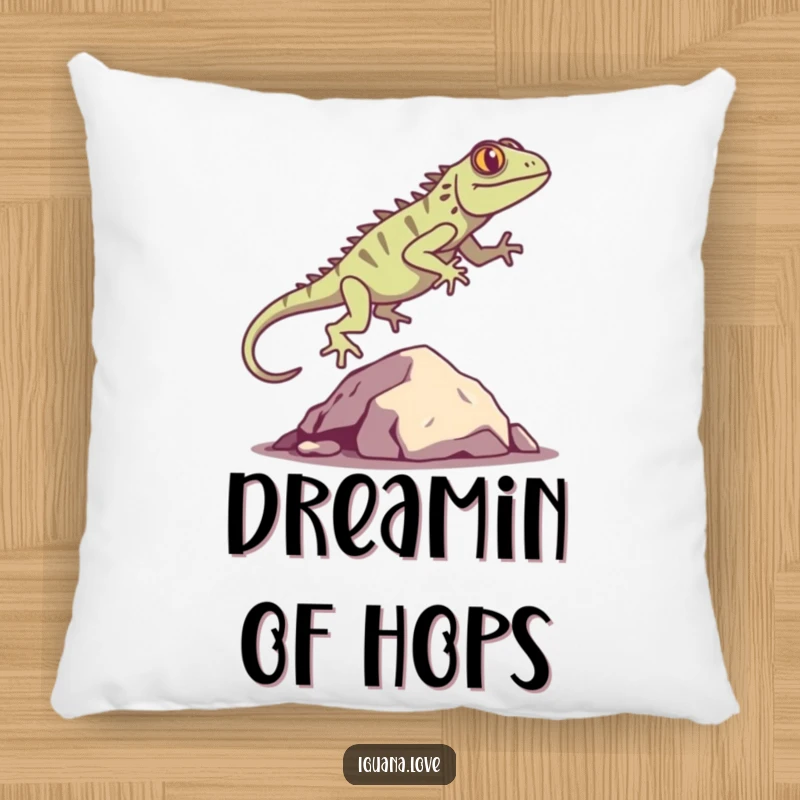 Funny Iguana Silhouette Pillow showcases a cute iguana jumping over a rock, providing a comfy and humorous decorative accent for any room.