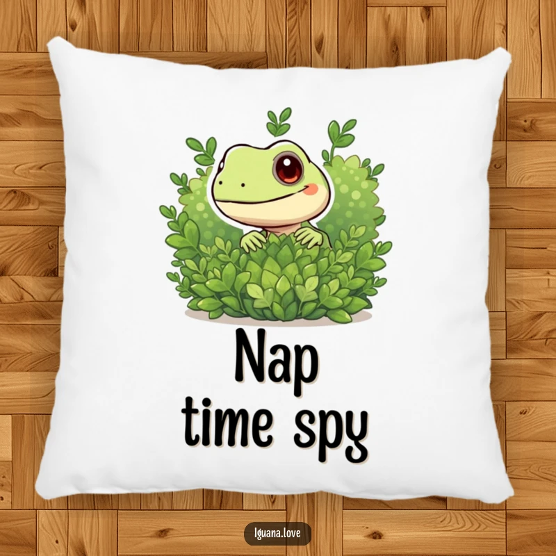 Funny throw pillow with a playful iguana character peeking out from behind a bush, adding whimsical charm.