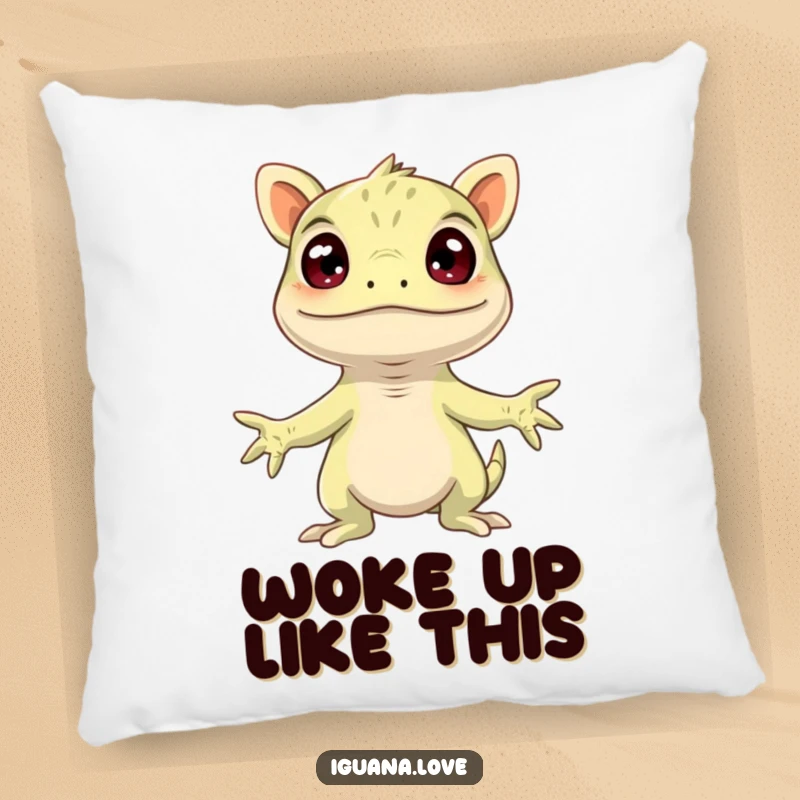 Funny Surprised Iguana Pillow, arms open in comical shock, offering soft comfort and a humorous touch.