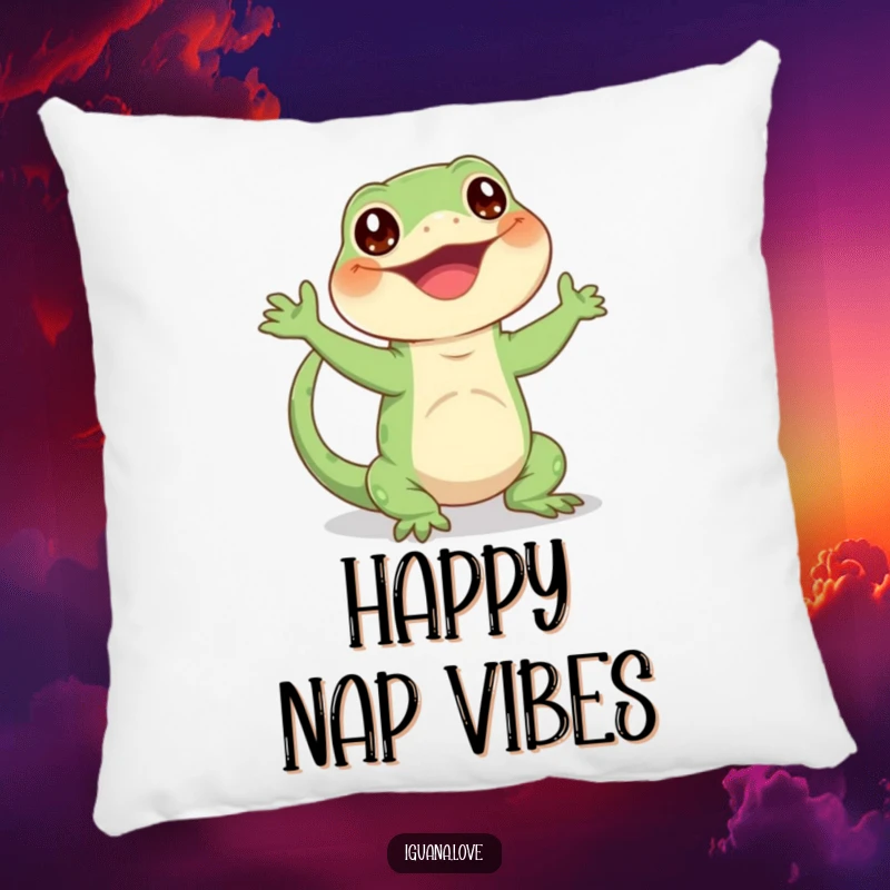 Funny throw pillow depicting a happy iguana character enthusiastically waving its tail, adding cheerful comfort.