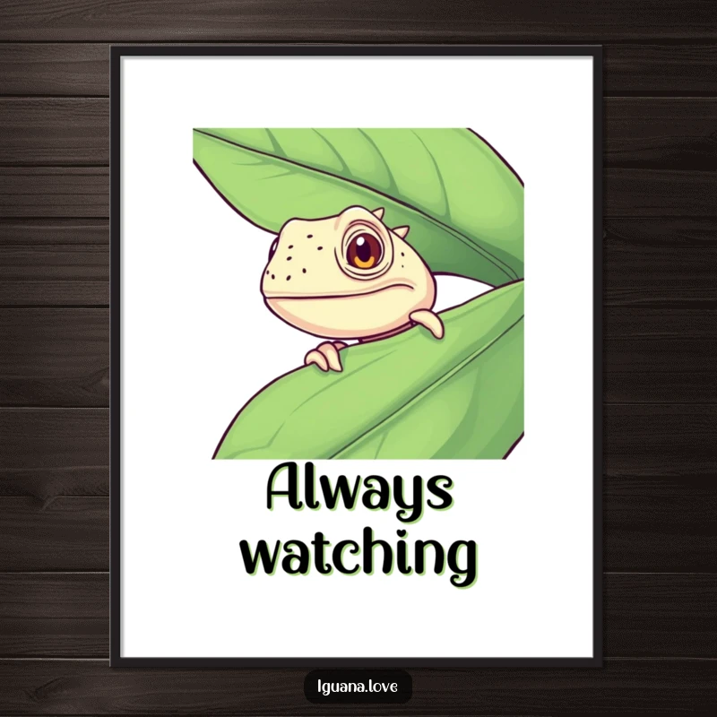 Funny Curious Iguana Digital Art Print, peeking from a leaf, a humorous and charming illustration for instant wall decor.