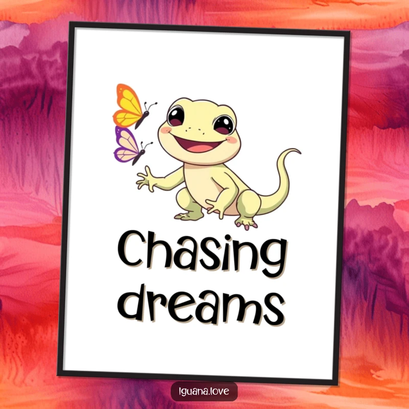 Funny Kawaii Iguana Digital Art Print shows a smiling iguana character chasing a butterfly, offering an instant, cute, and cheerful decorative piece.
