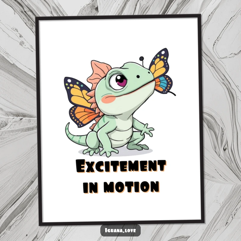 Funny digital art print of an iguana with excited eyes energetically chasing a colorful butterfly, ready to frame.