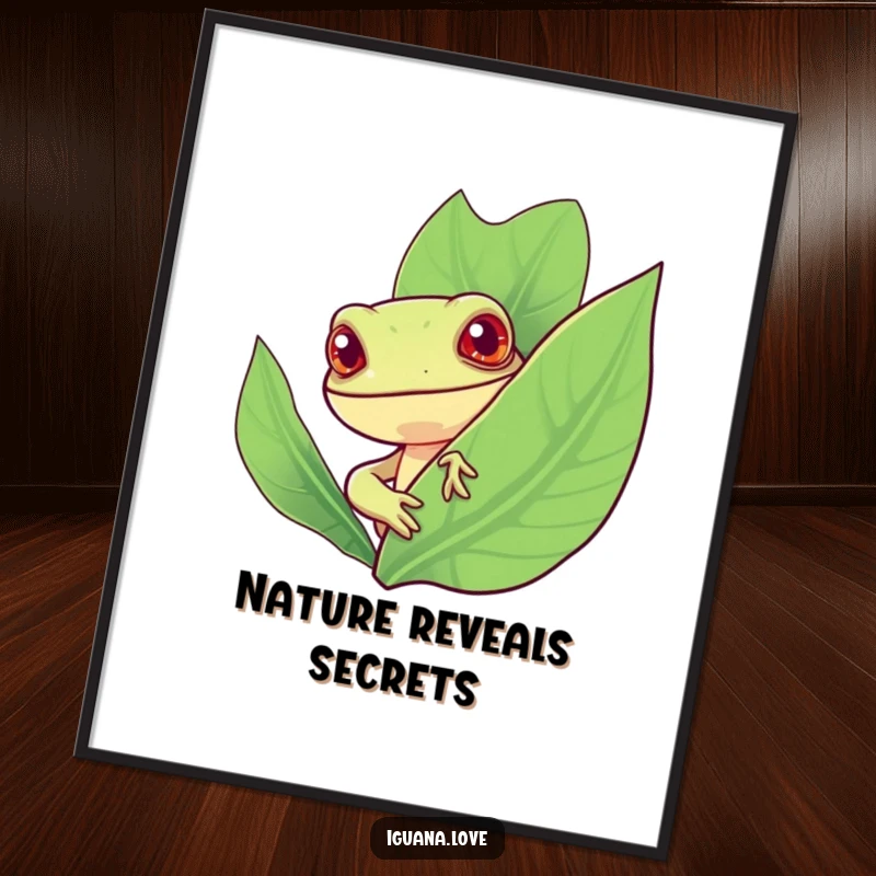 Funny digital art print of a stylized iguana with a cheerful expression peeking curiously from behind a large, vibrant leaf.