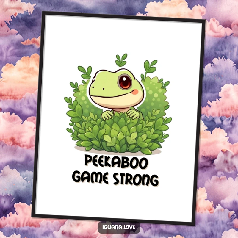 Funny digital art print of a playful iguana character peeking from behind foliage, adding whimsical charm.