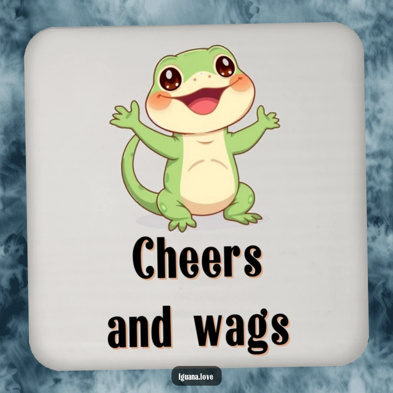 Funny drink coaster featuring a happy iguana character enthusiastically waving its tail, protecting surfaces with humor.