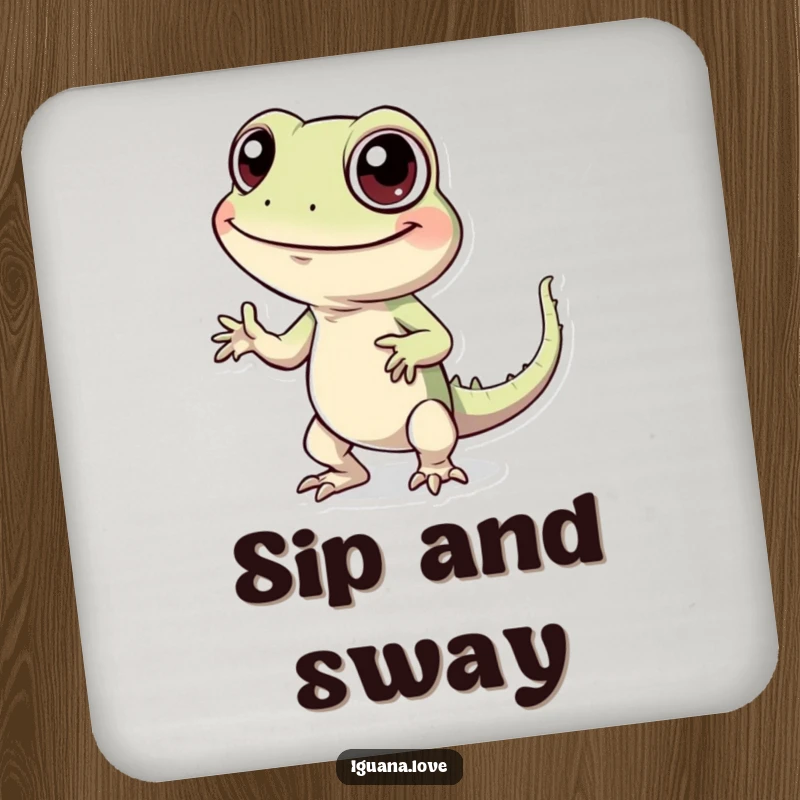 Funny drink coaster featuring a cheerful iguana with large eyes doing a silly dance, protecting surfaces with humor.
