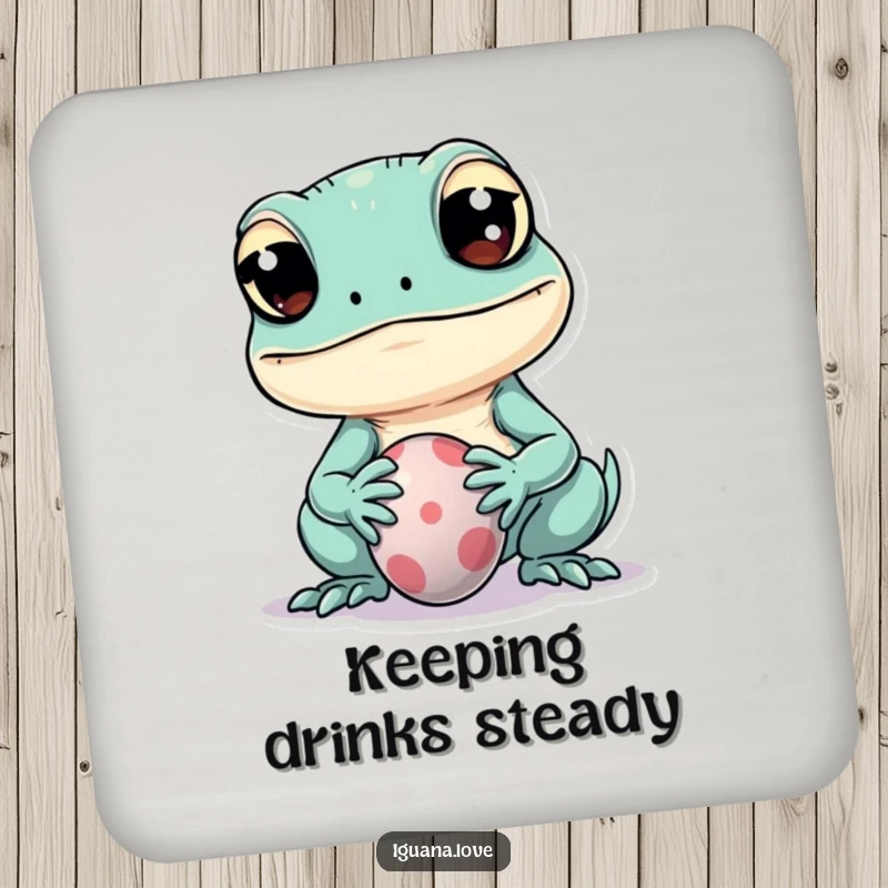 Funny drink coaster featuring a kawaii iguana character playfully balancing a tiny ball on its snout, adding cute flair.