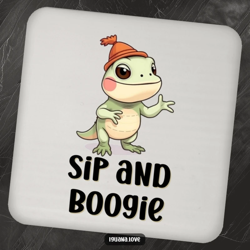 Funny iguana drink coaster with a playful iguana wearing a tiny hat and doing a silly dance, adding fun.