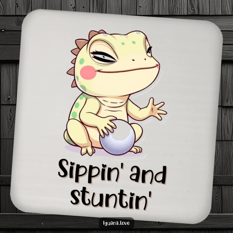 Funny Winking Iguana Coaster, balancing a tiny ball with a wink, a humorous and practical table protector.