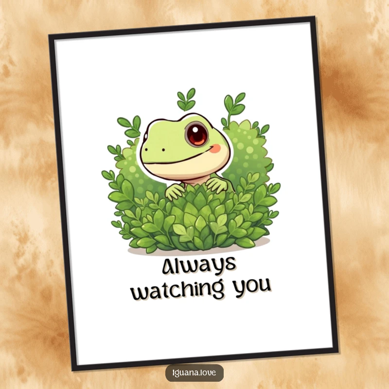 Funny poster art of a playful iguana character peeking slyly from behind a leafy bush, evoking curiosity and humor.