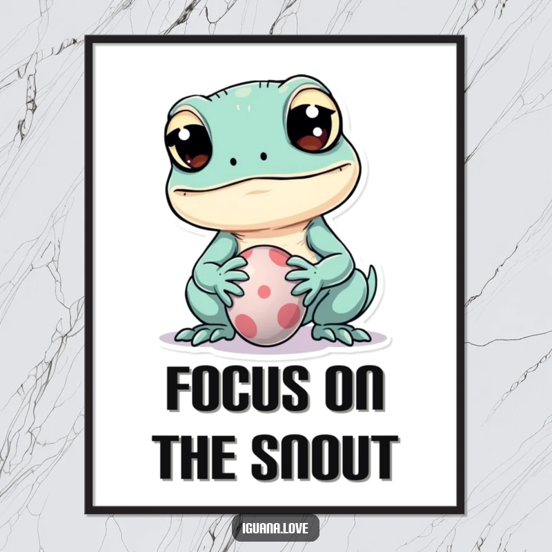 Funny poster art of a kawaii iguana with wide eyes playfully balancing a tiny ball on its snout, adding cute decor.