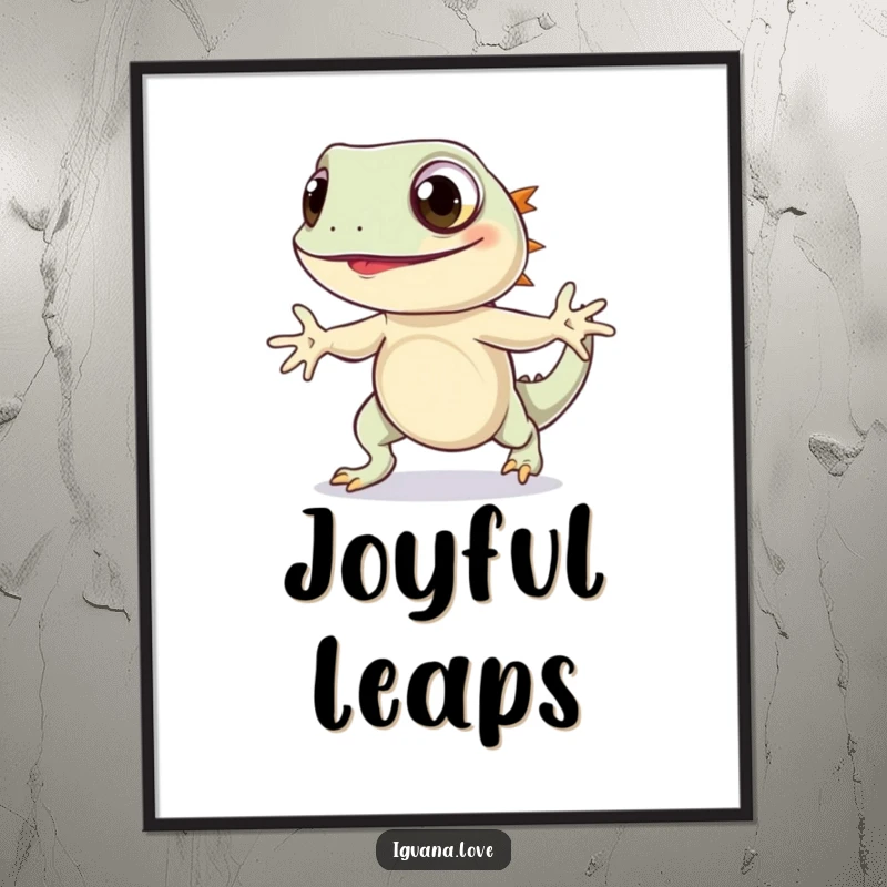 Funny Iguana Hop Poster features a wide-eyed iguana performing a joyful hop, ideal for adding whimsical and cheerful wall art.