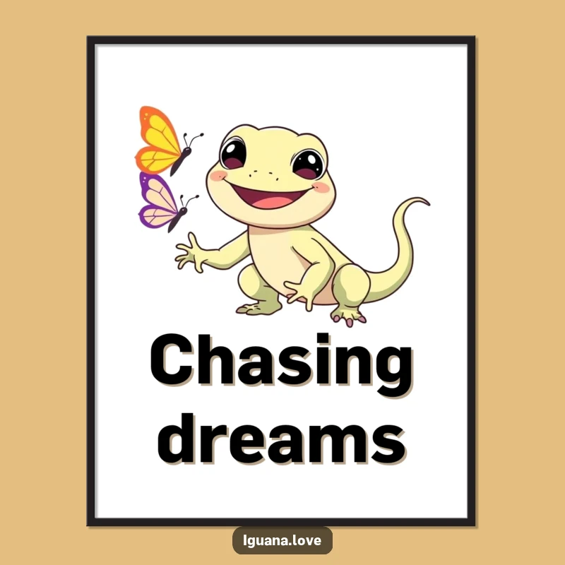 Funny Kawaii Iguana Poster: Cute Art, Butterfly Chase, Charming Funny Gift