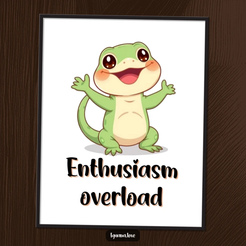 Funny poster art of a happy iguana character enthusiastically waving its tail, conveying pure joy and energy.