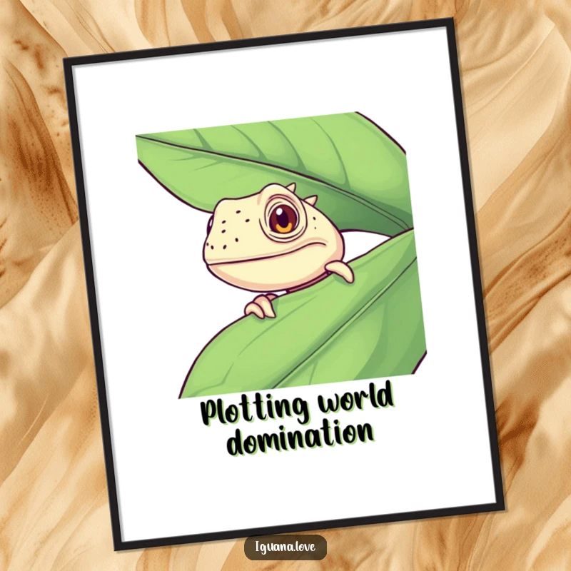 Funny Curious Iguana Poster, peeking engagingly from behind a vibrant leaf, creating a humorous and delightful wall art piece.