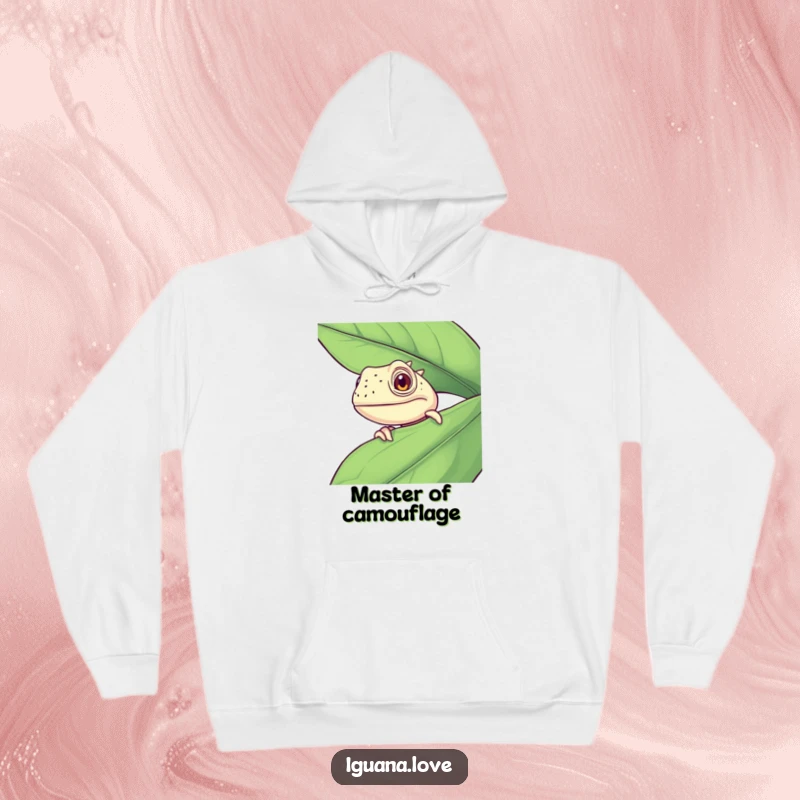 Funny Curious Iguana Hoodie, peeking mischievously from behind a leafy screen, exuding humor and charm, ideal for nature lovers.