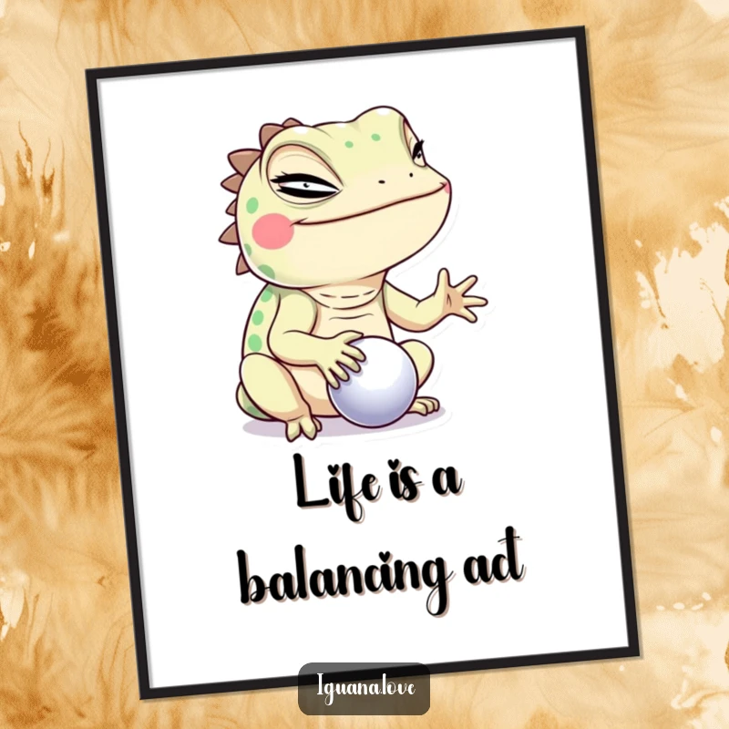 Funny Free Printable Wall Art: An iguana winks with impressive skill while balancing a tiny ball, adding a humorous touch to decor.