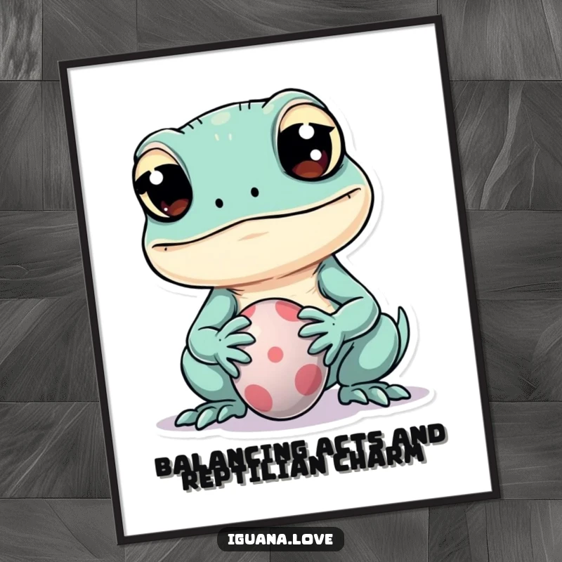 Funny Free Printable Wall Art, a kawaii iguana with big eyes playfully balances a small ball on its snout.