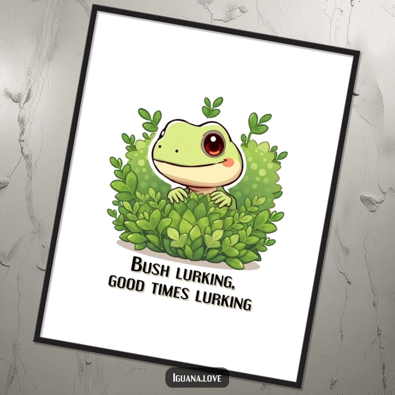 Funny Free Printable Wall Art: A curious iguana peeking from behind lush green leaves, adding charm.