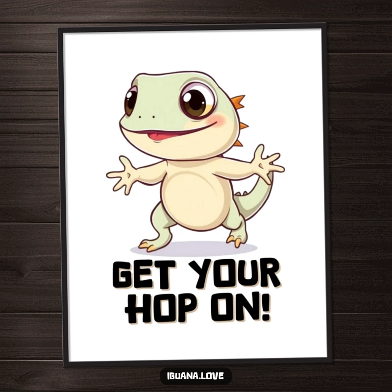 Funny Free Printable Iguana Art: Charming iguana with wide eyes performing a joyful little hop.