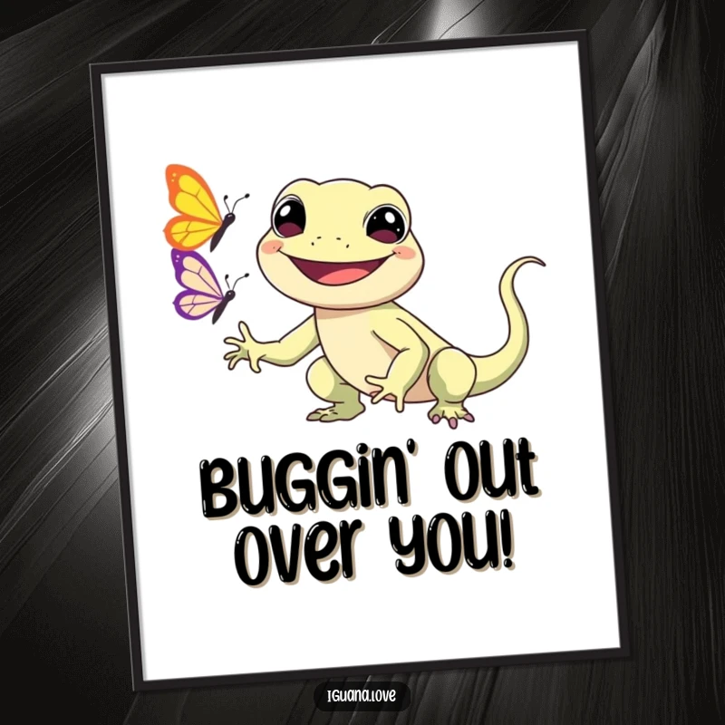 Funny Free Printable Kawaii Iguana Art: Adorable smiling iguana chasing a fluttering butterfly with joy.