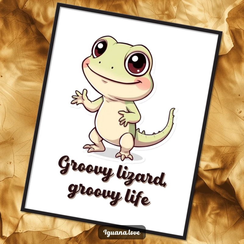 Funny Free Printable Wall Art: A cheerful iguana with big eyes caught mid-silly dance, radiating joy.