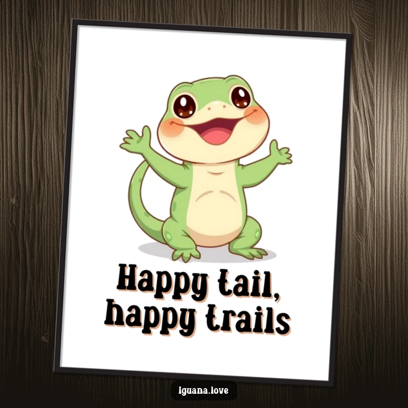 Funny Free Printable Wall Art: A happy iguana energetically waving its tail, radiating pure joy.