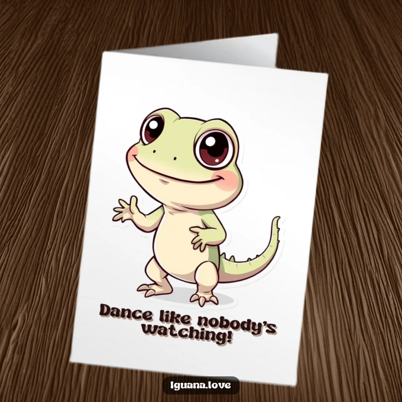 Funny Free Printable Birthday Card: A wide-eyed iguana enthusiastically performing a comical dance, celebrating a birthday.