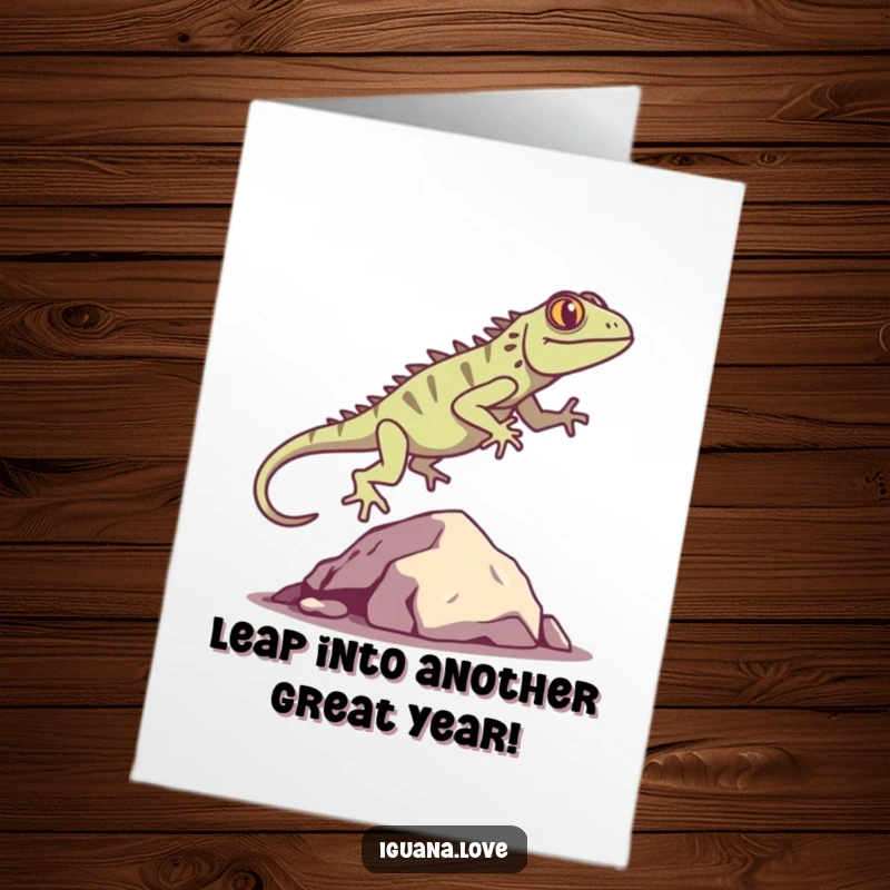 Funny Free Printable Iguana Birthday Card: Silhouette leaping joyfully over a rock, celebrating with fun.