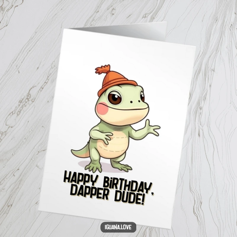 Funny Free Printable Birthday Card: Playful iguana character wearing a tiny hat, doing a hilariously silly dance for a birthday.