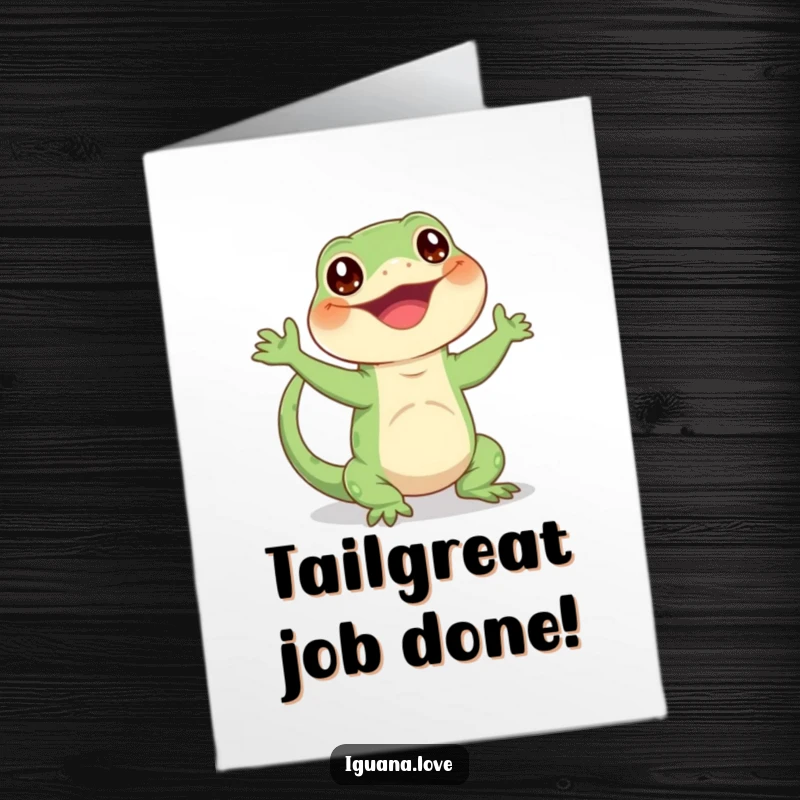 Funny Free Printable Congratulations Card: An iguana gleefully waving its tail, celebrating your amazing success.