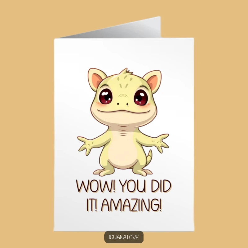 Free Printable Iguana Congrats Card: Surprised Lizard Arms Wide Downloadable Achievement Gift