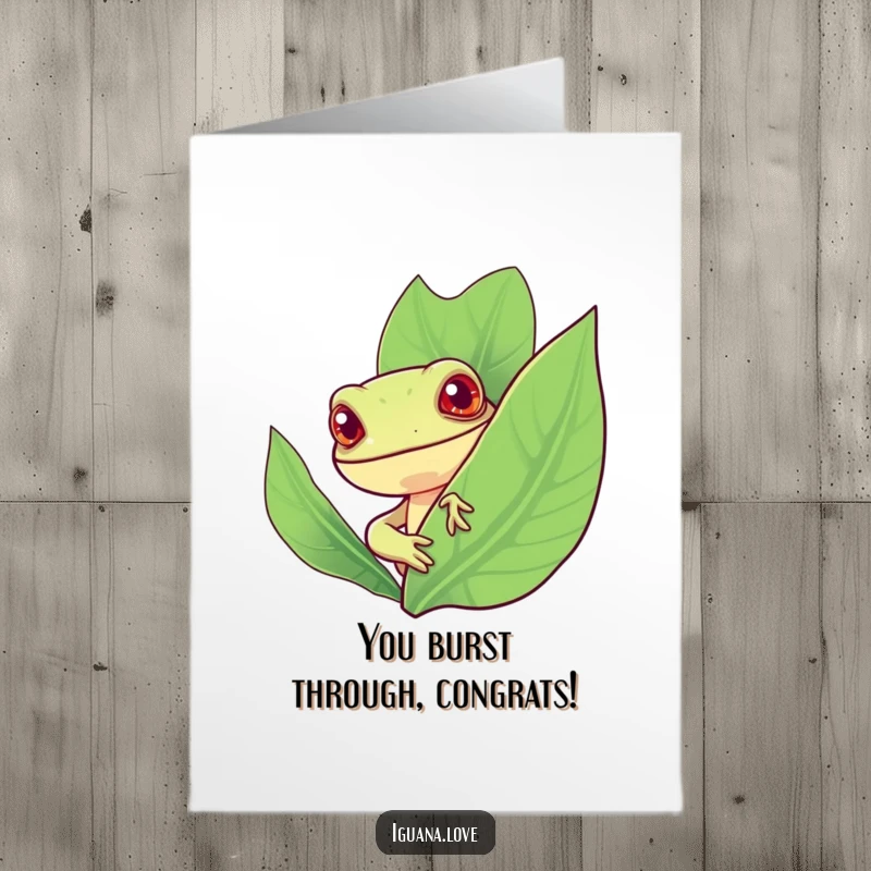 Funny Free Printable Congratulations Card, a happy iguana peeks from a lush leaf, celebrating exciting news.