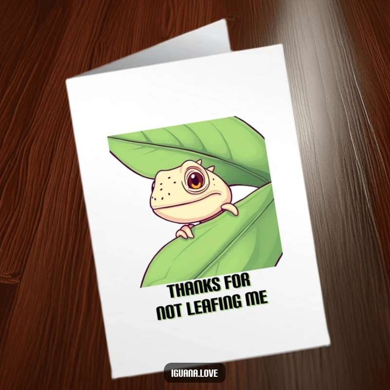 Funny Free Printable Thank You Card: A curious iguana peeking from its leafy hiding spot, conveying thanks with a humorous surprise.